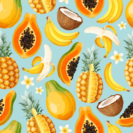 Seamless vector pattern with sliced exotic fruitsのイラスト素材