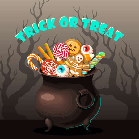 Vector Halloween card will cauldron full of sweetsのイラスト素材