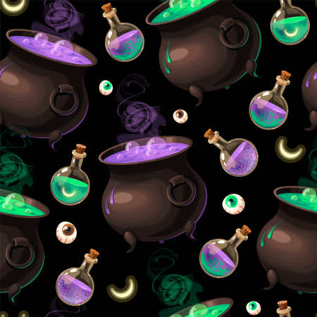 Vector seamless pattern with cauldrons and eyesのイラスト素材