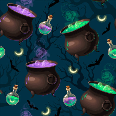 Vector seamless pattern with cauldrons and eyesのイラスト素材