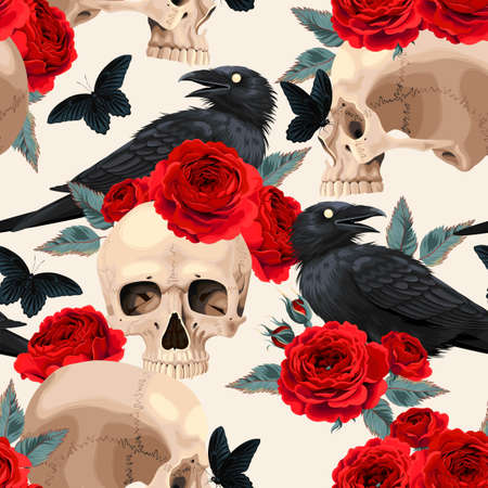 Seamless pattern with raven and human skullのイラスト素材
