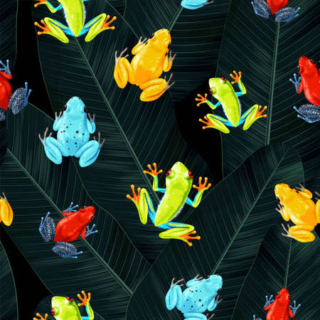 Seamless pattern with tropical frogs and palm leafのイラスト素材