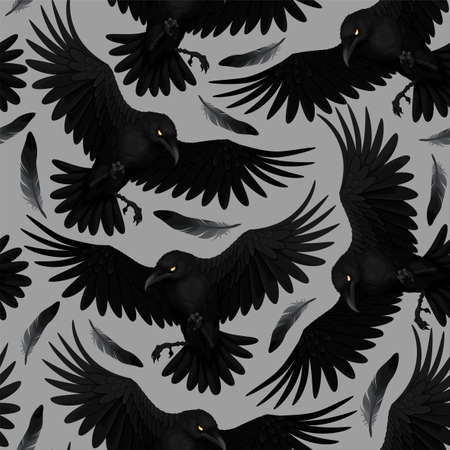 Vector seamless pattern with raven and feathersのイラスト素材