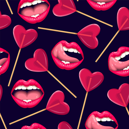 Vector seamless pattern with lips and lollipopsのイラスト素材
