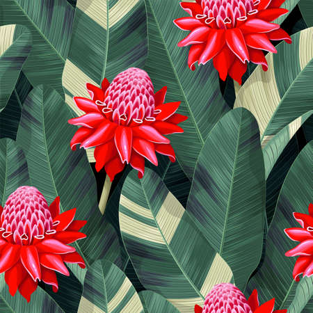 Vector seamless pattern with flowers and palm leafのイラスト素材