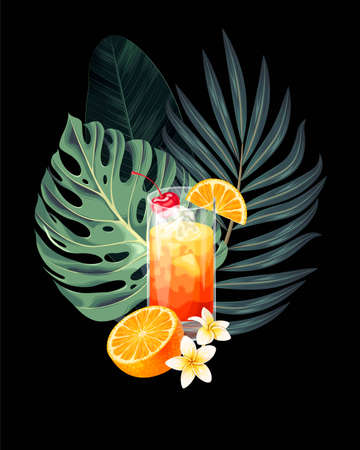 Tequila sunrise and palm leaf vector illustrationのイラスト素材