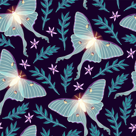 Moon moth with flowers vector seamles patternのイラスト素材