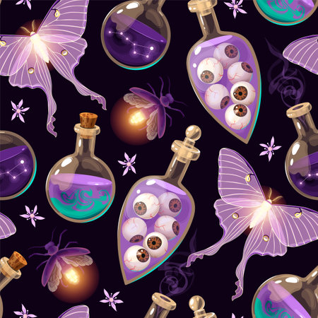 Magic seamless pattern with magic potion and mothsのイラスト素材
