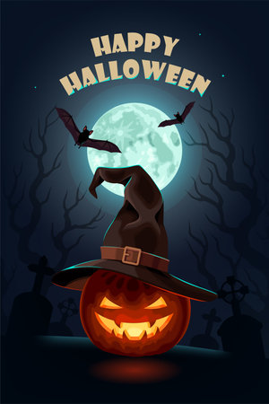 Happy Halloween Poster with moon and pumpkinのイラスト素材