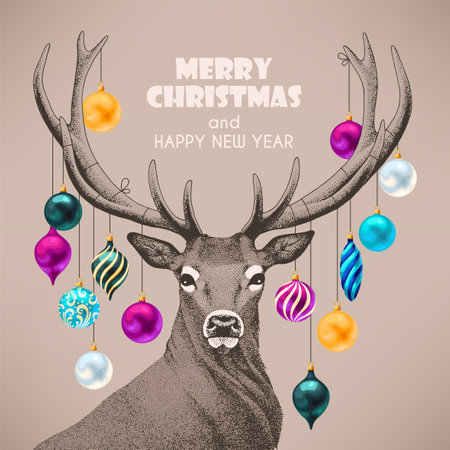 Vector Christmas card with hand drawn deerのイラスト素材