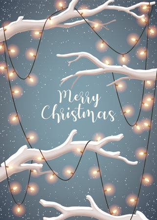 Christmas card with show and glowing garlandのイラスト素材