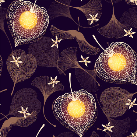 Seamless pattern with skeleton leaves and physalisのイラスト素材