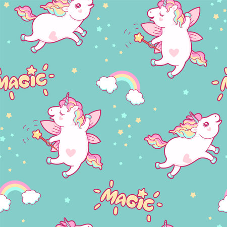 Seamless pattern with cute unicorns and rainbowのイラスト素材