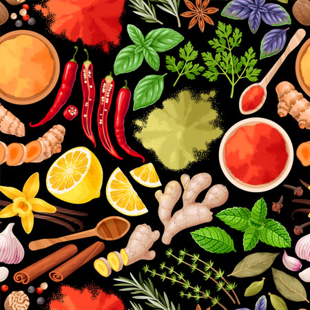 Vector seamless pattern with herbs and spicesのイラスト素材