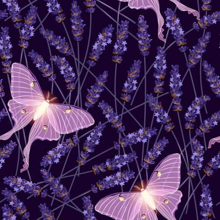 Dry lavender and moon moth vector seamless patternのイラスト素材