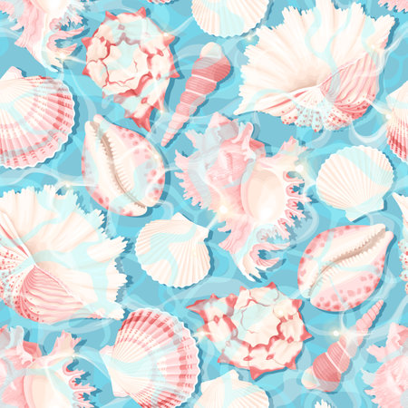 Sea shells and water glare seamless patternのイラスト素材