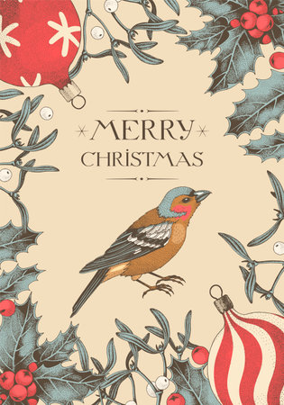 Vector Christmas card with winter flora and birdのイラスト素材