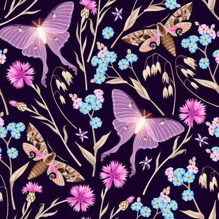 Seamless pattern with meadow flowers and butterfliesのイラスト素材