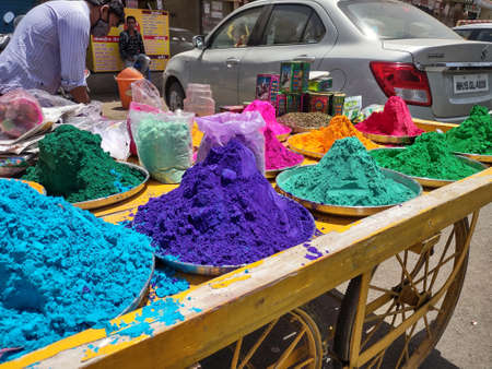 Street vendor selling colour powder on a cart on the occasion on Holi. Location: Nashik, India
Date: April 02 2021のeditorial素材