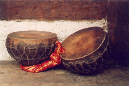 Pair of old classical Indian percussion instruments called nagadas at a temple.
