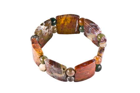 Handmade jasper stone bracelet isolated on white backgroundの写真素材