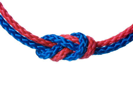 Red and blue synthetic ropes knotted one with onther and isolated on white backgroundの写真素材