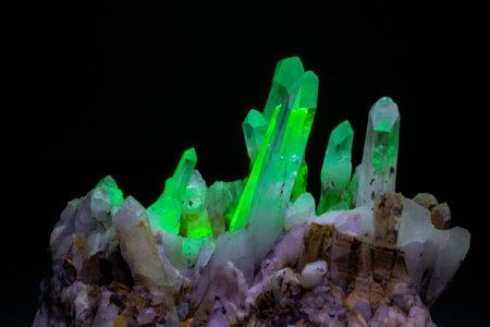 Radioactive minerals, Luminescent radioactive rock, scientific laboratory specimen for studyの写真素材