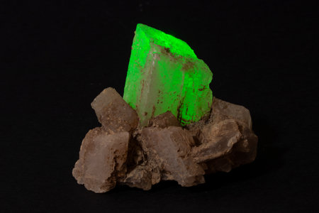 Radioactive minerals, Luminescent radioactive rock, scientific laboratory specimen for studyの写真素材