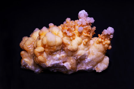 Close up of crystalline spherical aragonite crystals isolated on black background.の写真素材