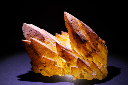 Close up of crystalline calcite crystals isolated on black backgroundの写真素材