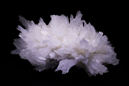 Close-up of crystalline aragonite crystals isolated on black background.の写真素材
