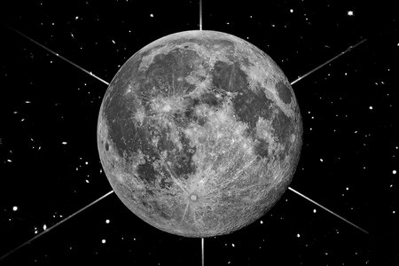 The moon in space against the starry sky. Black and white.の写真素材