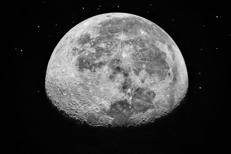 Moon closeup in the night sky. Black and white image.の写真素材