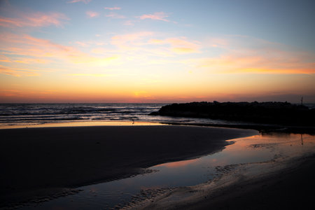 Sunset at the beach in Pontevedra, Galicia, Spainの写真素材