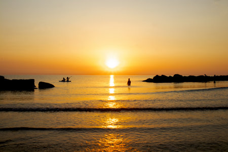 Sunset on the beach in Ibiza, Balearic Islands, Spainの写真素材