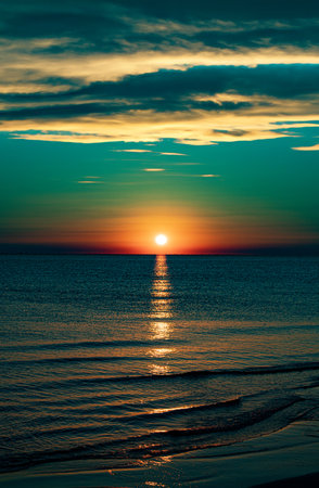 Beautiful sunset over the sea in the summer. Toned.の写真素材