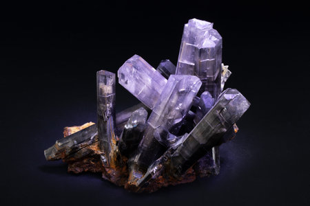 close up of a sample of natural mineral from geological collection - semi precious stone gypsum crystals on black backgroundの写真素材