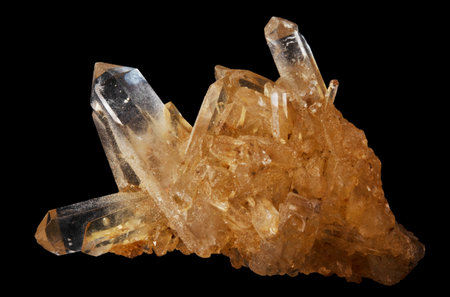 macro shooting of natural mineral rock specimen - rough quartz crystal on black backgroundの写真素材