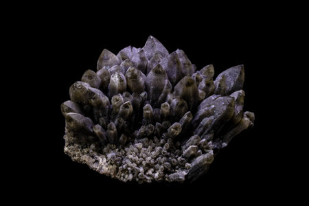 macro shooting of natural mineral rock specimen - matrix of quartz crystals on black backgroundの写真素材