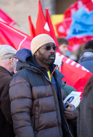 Trade union demonstration against the government, the photograph was taken on 11/17/2023 in the center of the city of Parma Italyのeditorial素材