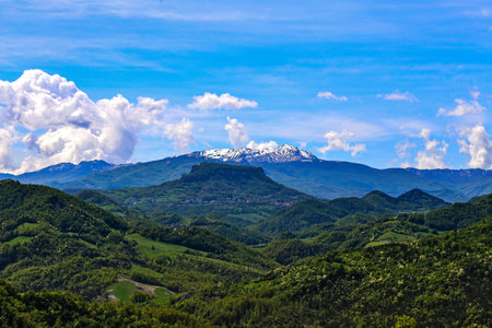 Mountain landscape with blue sky and clouds. The breathtaking beauty of the Tuscan-Emilian Apennines...