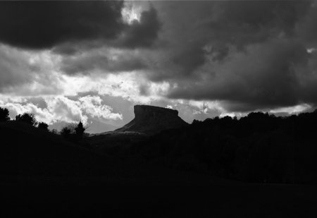 Black and white monochrome the Tuscan-Emilian Apennines with the Bismantova rock in the distanceの写真素材