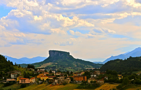 Mountain landscape in winter. The breathtaking beauty of the Tuscan-Emilian Apennine hills with...