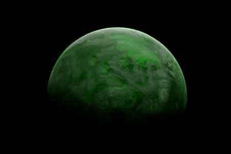 3D illustration of a green planet isolated on a black background.の写真素材