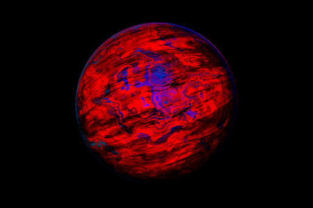 Abstract planet with red and blue neon light on black background. 3D illustrationの写真素材