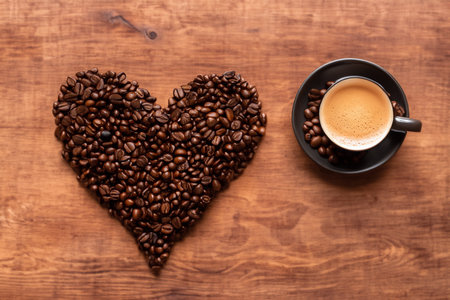 Cup of coffee and heart from coffee beans on wooden background.の写真素材