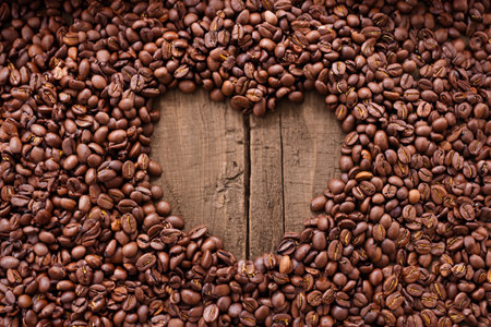 coffee beans in the shape of a heart on a wooden backgroundの写真素材