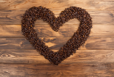 Coffee beans in the shape of a heart on a wooden backgroundの写真素材