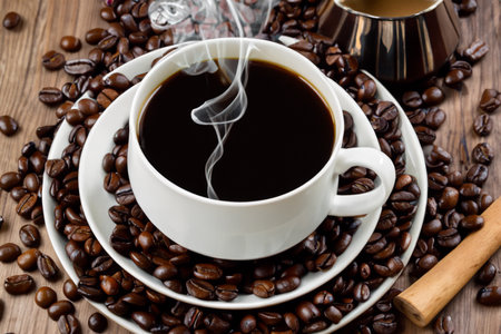 Coffee cup and saucer with coffee beans on wooden tableの写真素材