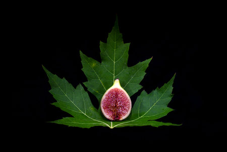 Figs and leaves on a black background. Copy space for text.